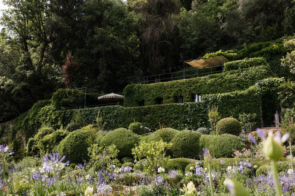 Purple flowers, clipped hedges and trees in the villa’s terraced garden, at Villa San Michele in Fiesole above Florence, Tuscany, Italy, for an Elopement Collective elopement. Digital photograph by Khara from House of Lucie.