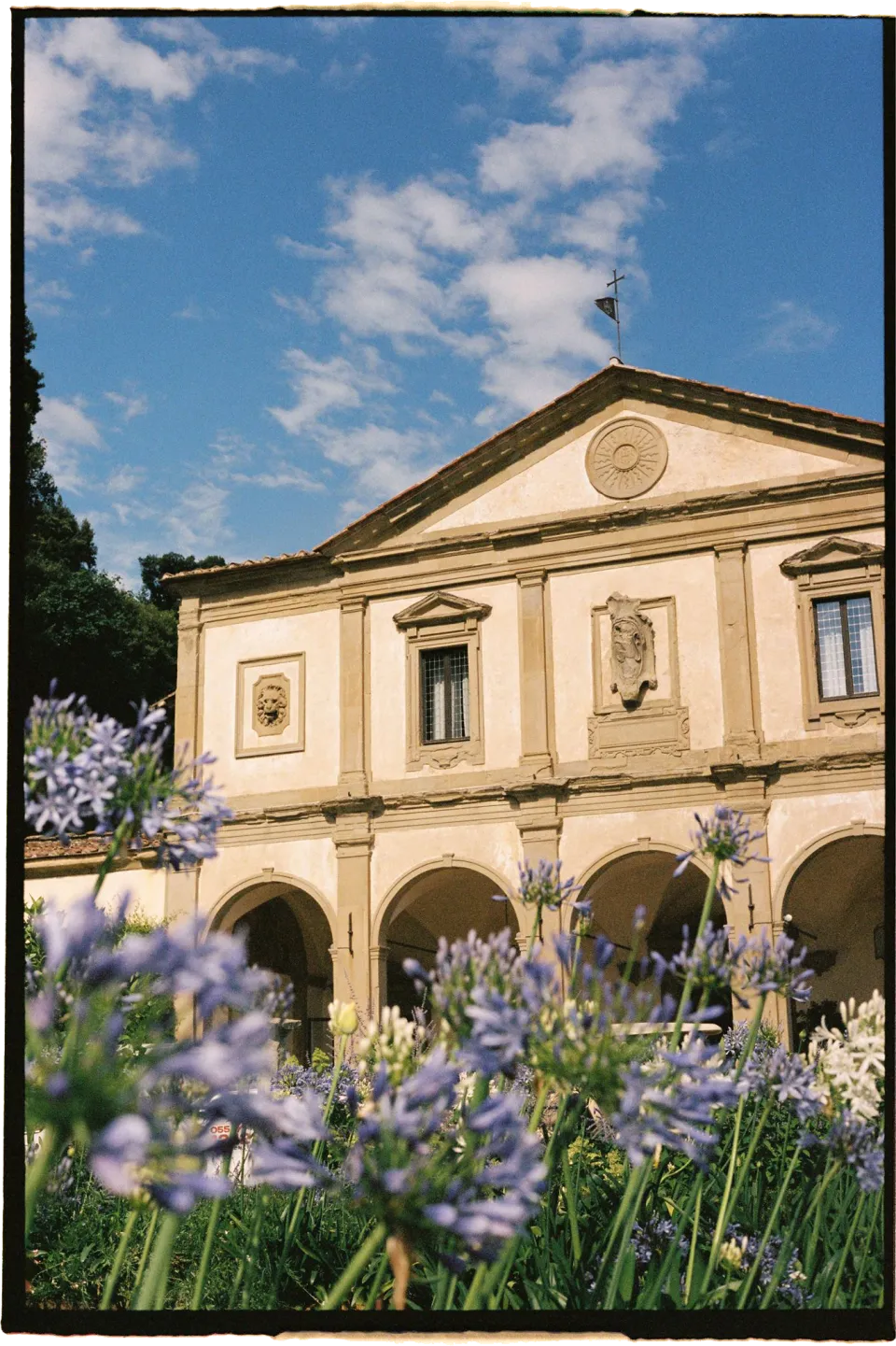 Purple garden flowers in front of the villa’s historic facade beneath a blue sky, at Villa San Michele in Fiesole above Florence, Tuscany, Italy, for an Elopement Collective elopement. Film photograph by Khara from House of Lucie.