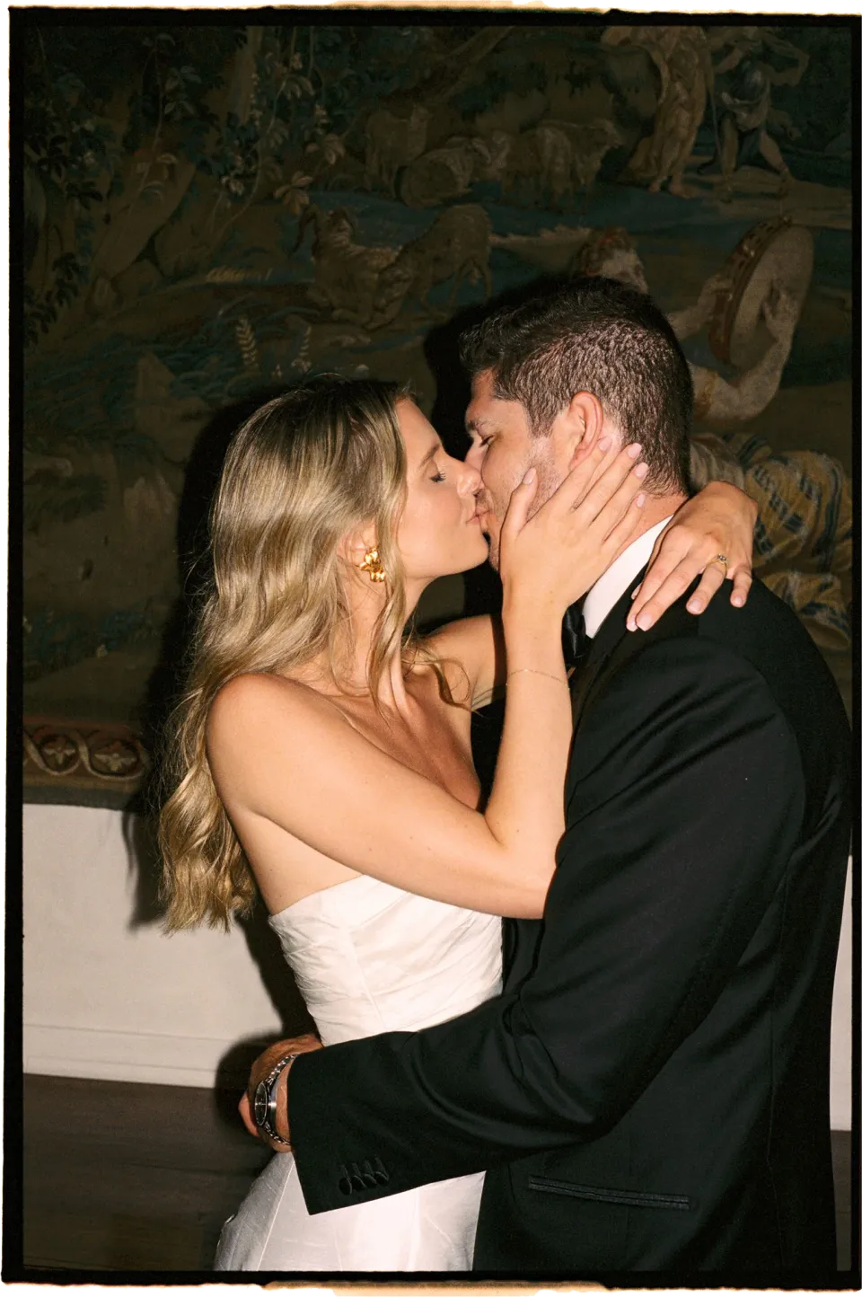 Close portrait of Holly and Matthew kissing inside the villa, at Villa San Michele in Fiesole above Florence, Tuscany, Italy, for an Elopement Collective elopement. Film photograph by Khara from House of Lucie.