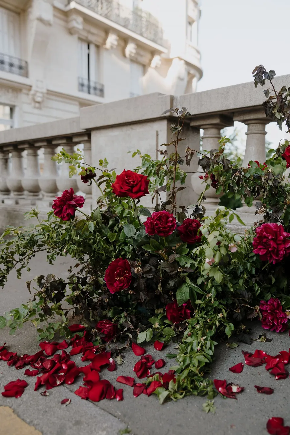 Red roses, leafy branches and scattered petals by Ivy Bleu arranged along a stone balustrade beside a Parisian facade, at Avenue de Camoëns in Paris, France, during an Elopement Collective elopement. Photograph by George Bowden.