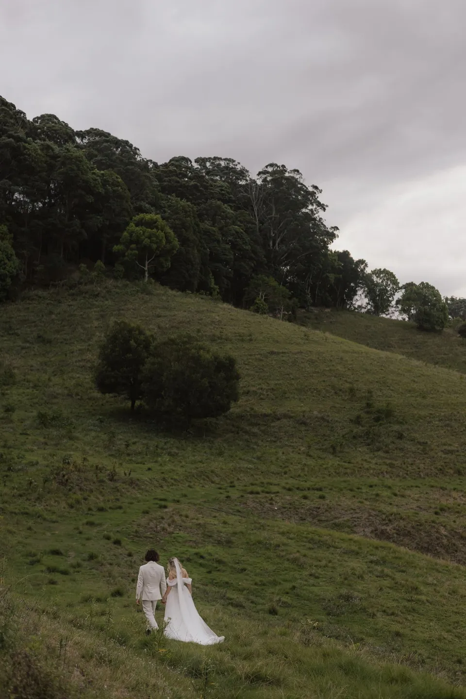 Wide portrait of Bridget and James together on a green slope beneath scattered trees. At Cudgera Creek in northern New South Wales, for an Elopement Collective elopement. Photograph by Bulb Creative.