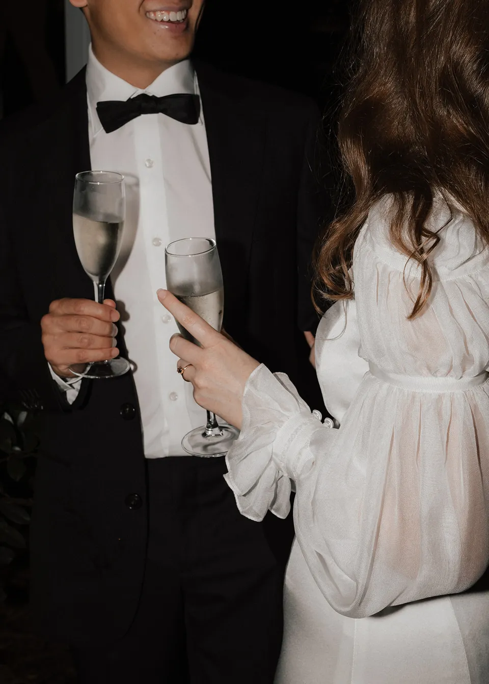 Detail of the couple's hands holding their glasses beside Elyse's sheer sleeve. At Fig Tree Villa in Ewingsdale, Byron Bay, for an Elopement Collective elopement. Photograph by Bulb Creative.