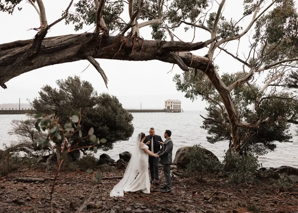 A couple exchange vows beneath spreading branches beside a lake, with a long pier beyond.