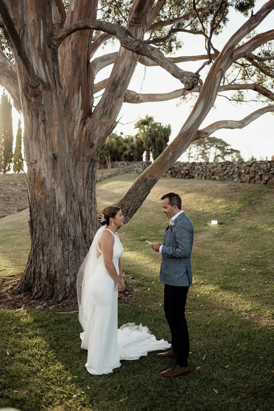 A couple exchange vows beneath a large tree on a grassy lawn.