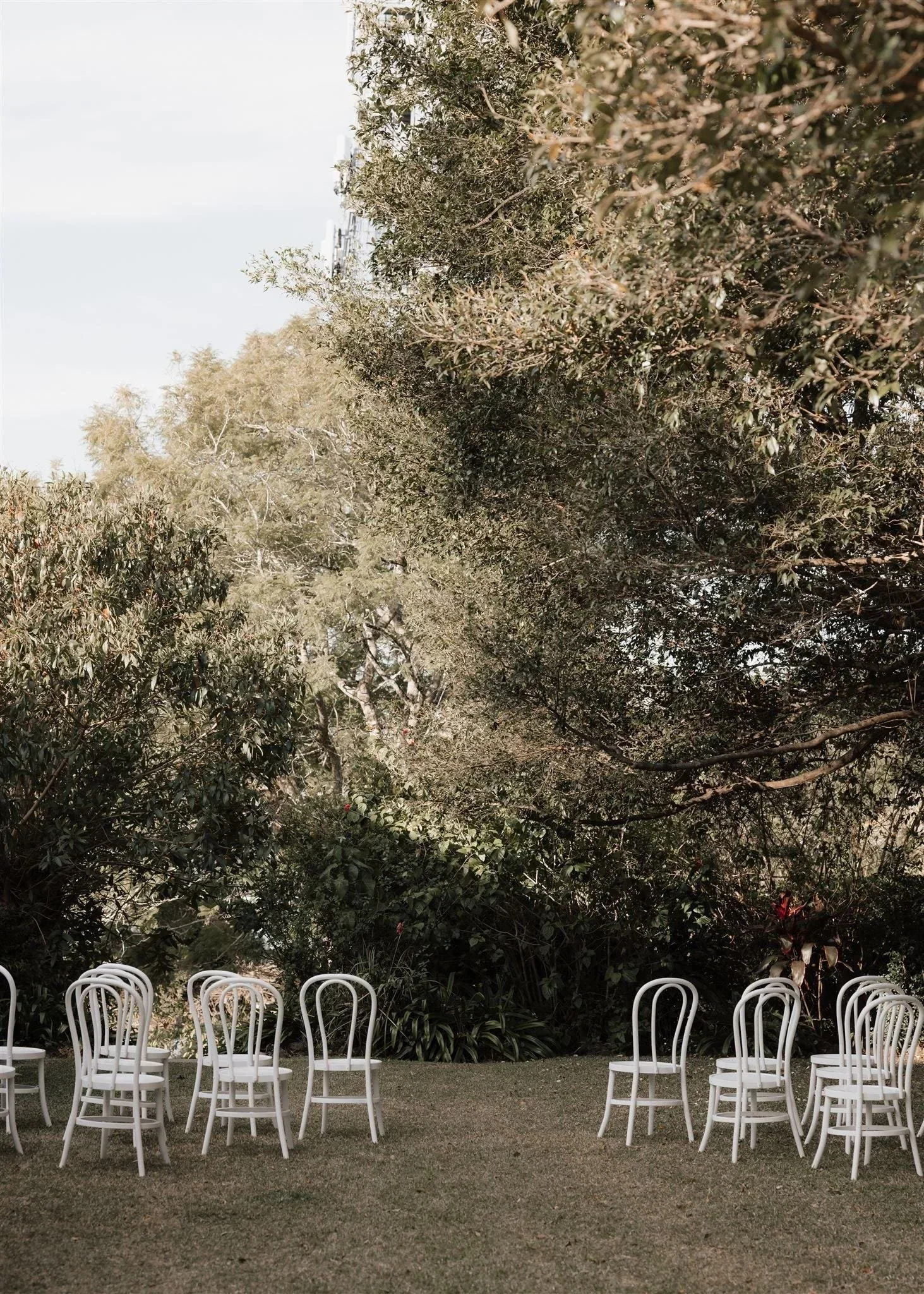 White ceremony chairs arranged on a garden lawn beneath tall trees, in Montville, Sunshine Coast Hinterland, Queensland, for an Elopement Collective elopement. Photo by Bulb Creative.