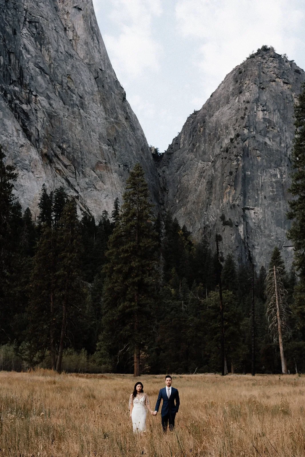 Couple holding hands in a meadow beneath tall granite cliffs and forest